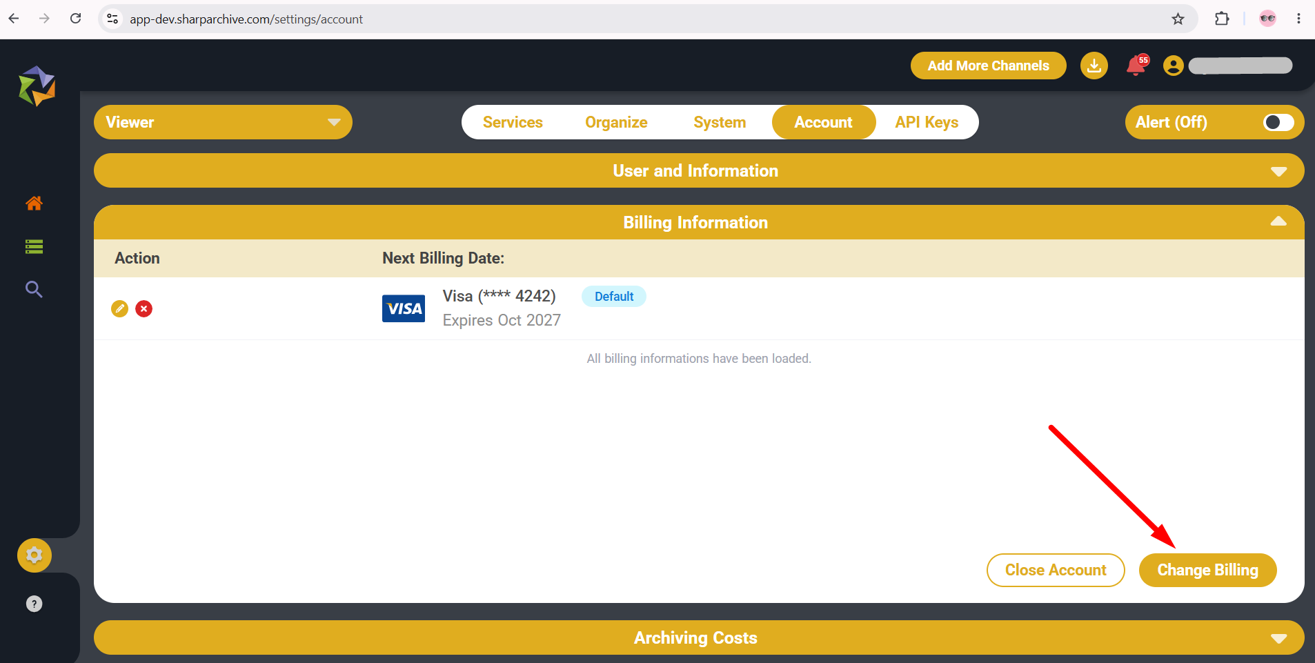 Navigate to Settings - Account - Change Billing in Sharp Archive