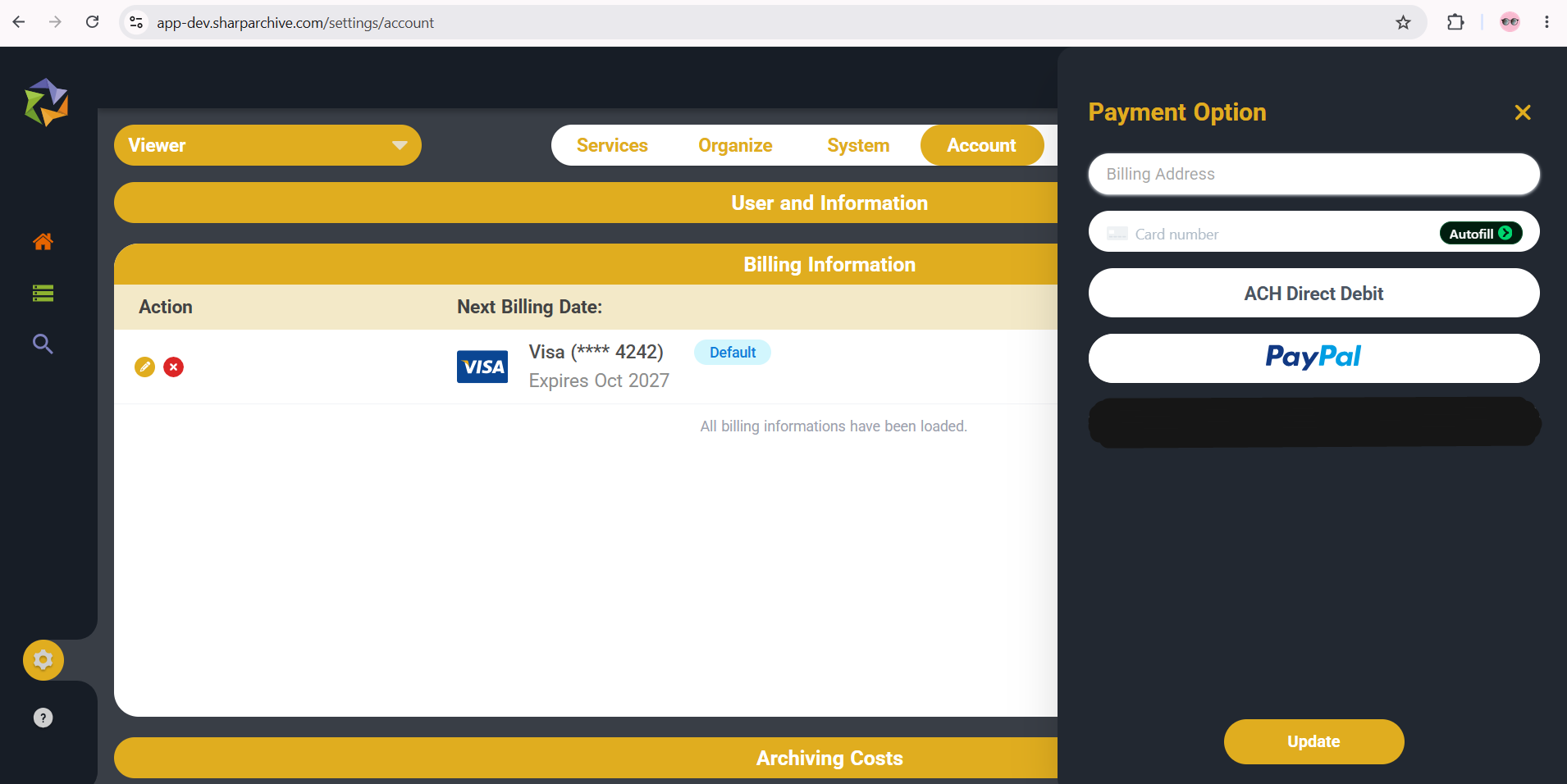 Payment Option modal to add new card or payment method in Sharp Archive