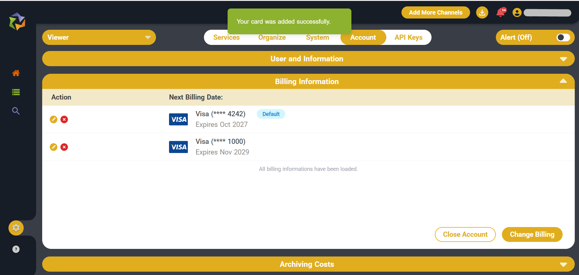 New card added successfully under Billing Information