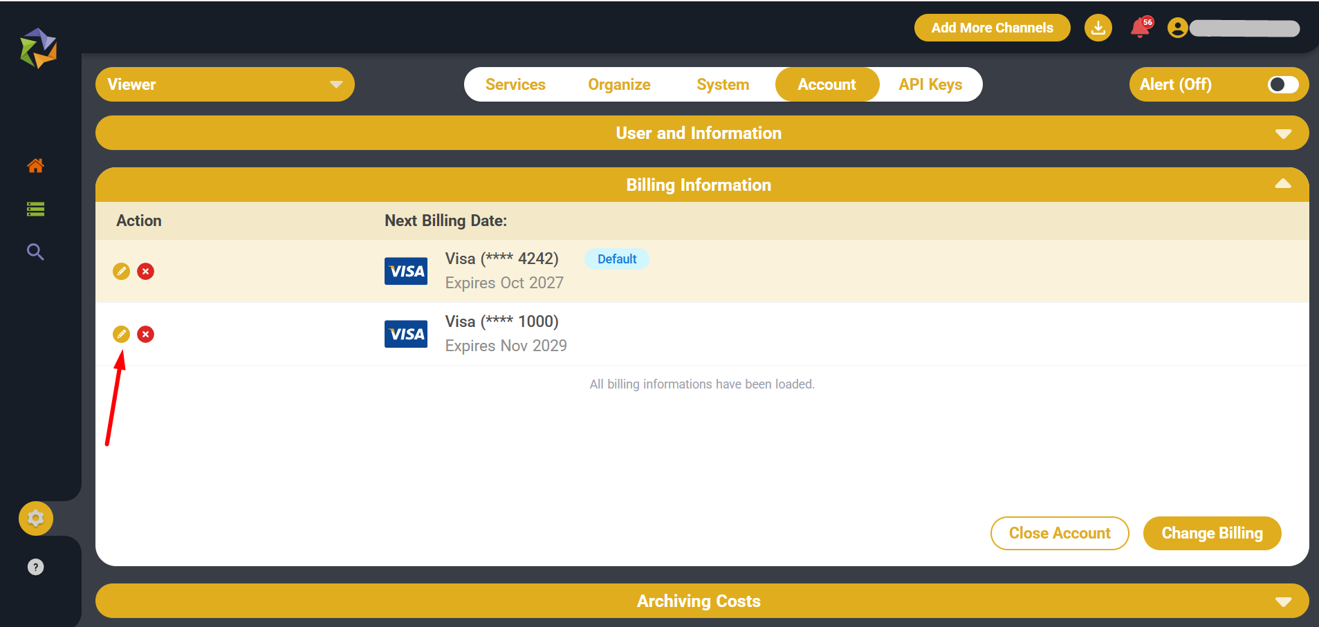 Click the Edit icon next to the newly added payment card