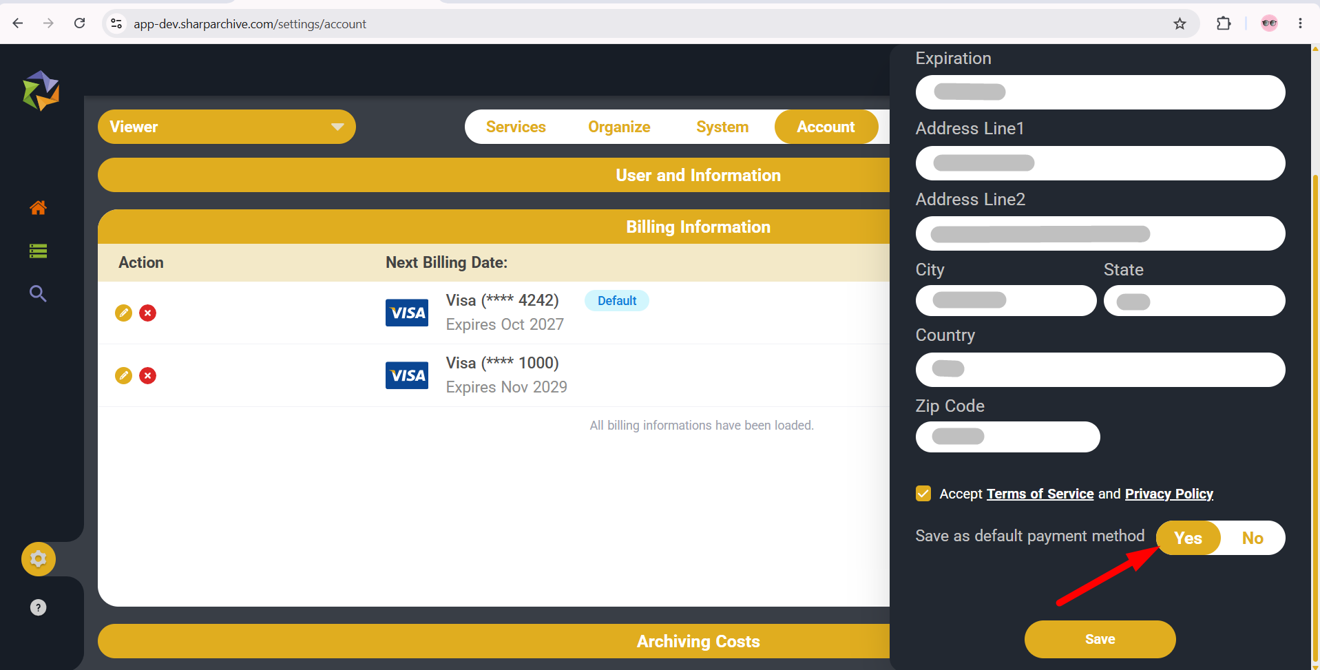 Enable Yes for Save as default payment method in Sharp Archive