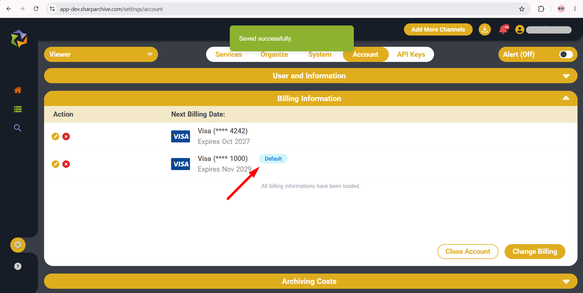 Card showing Default status under Billing Information