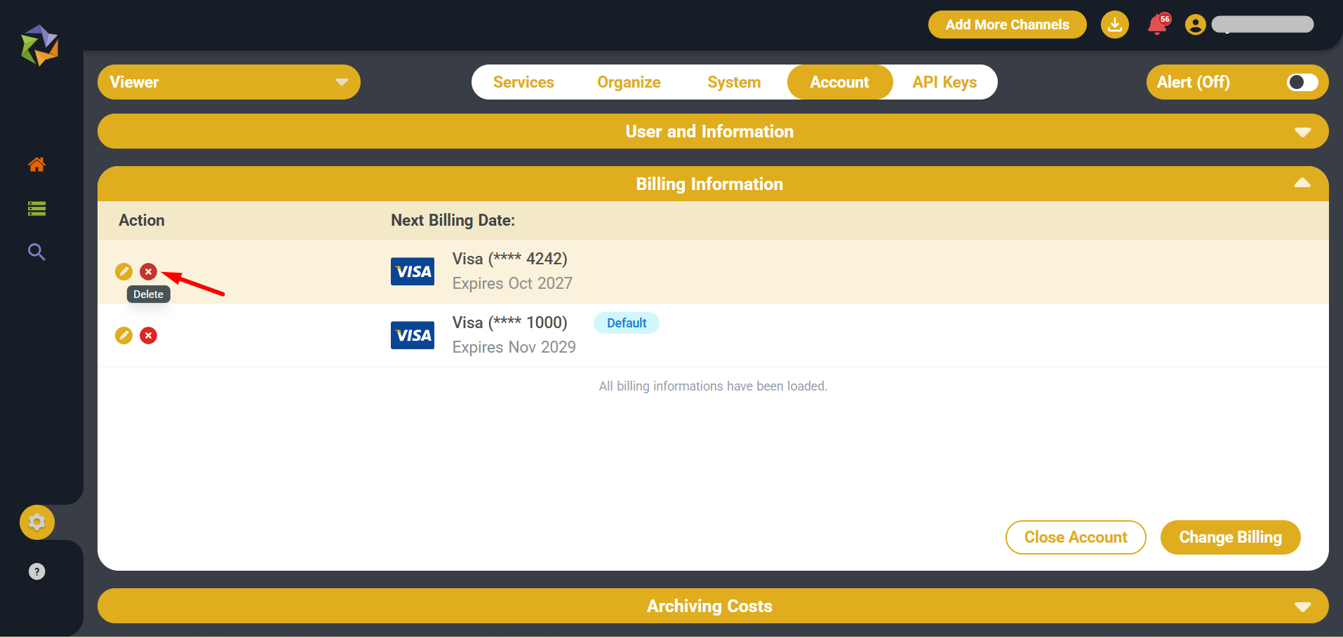 Remove non-default cards or manage multiple payment methods