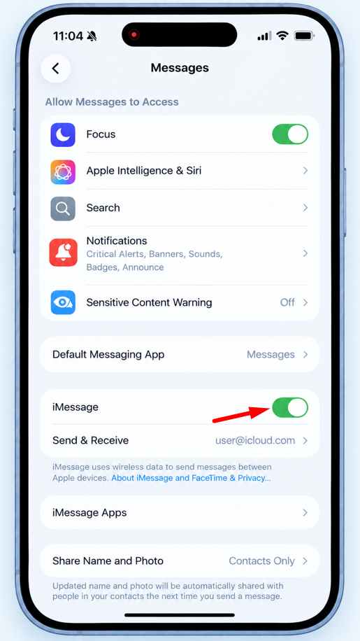 iOS Settings Messages screen showing iMessage toggle enabled