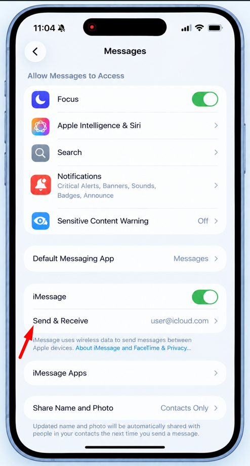Send and Receive options in iOS Messages settings
