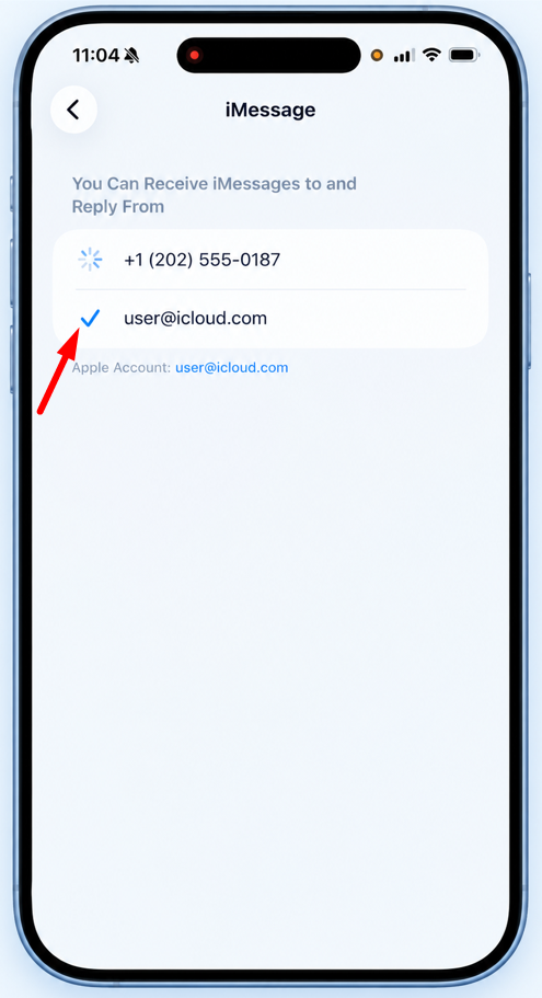 Apple ID and phone numbers selected for sending and receiving iMessages
