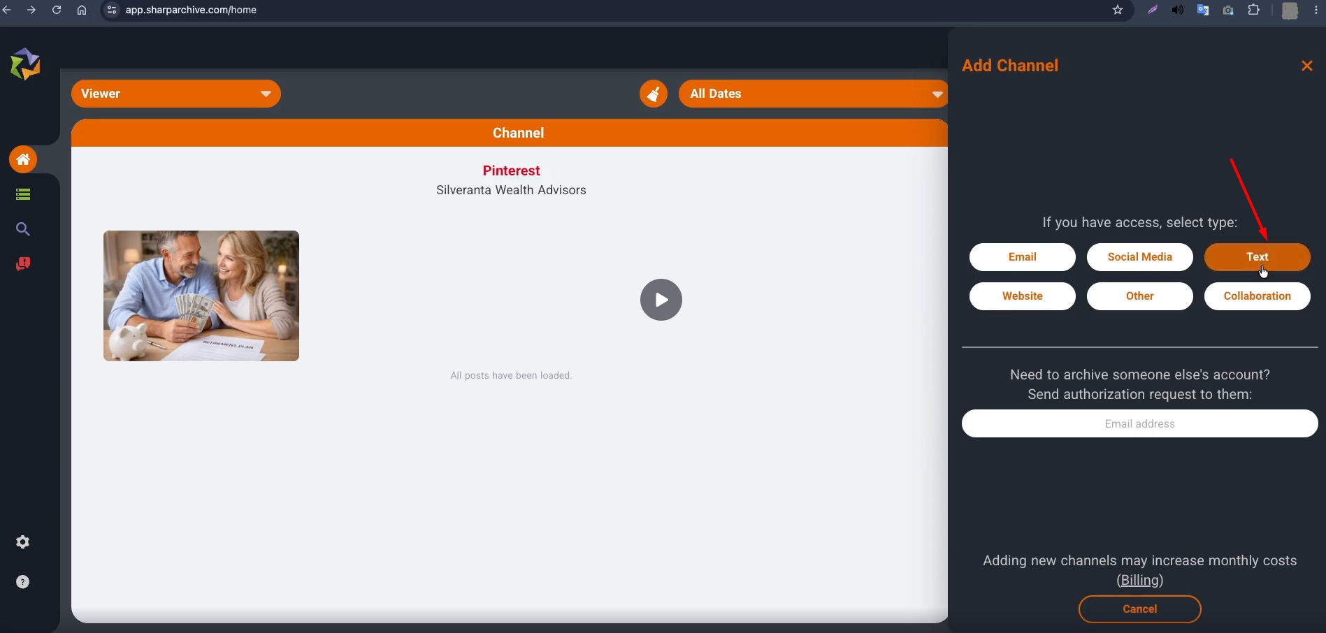 Add More Channels modal showing Text channels in Sharp Archive