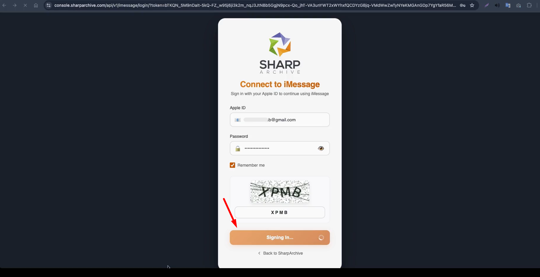 iMessage connection modal entering Apple ID credentials