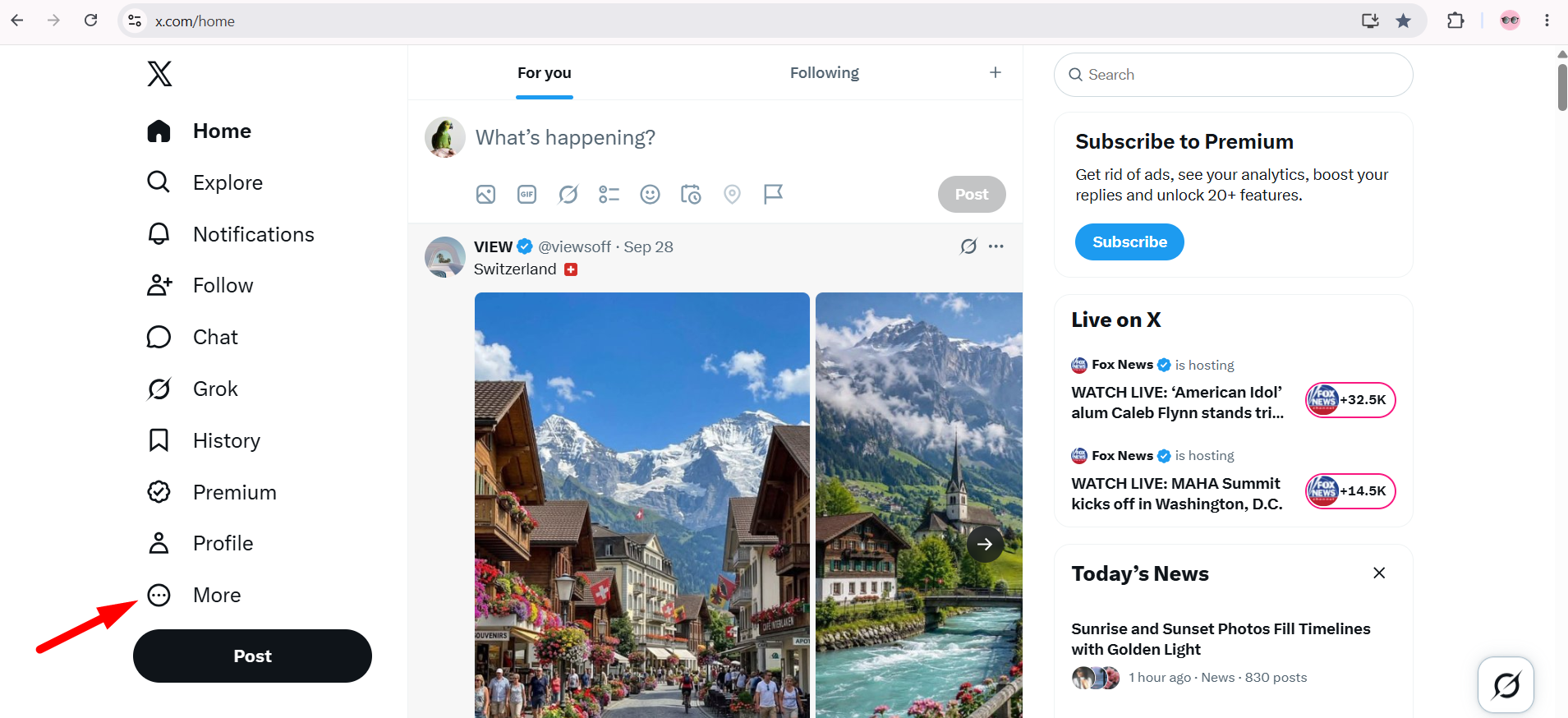 X.com Home navigation menu pointing to More