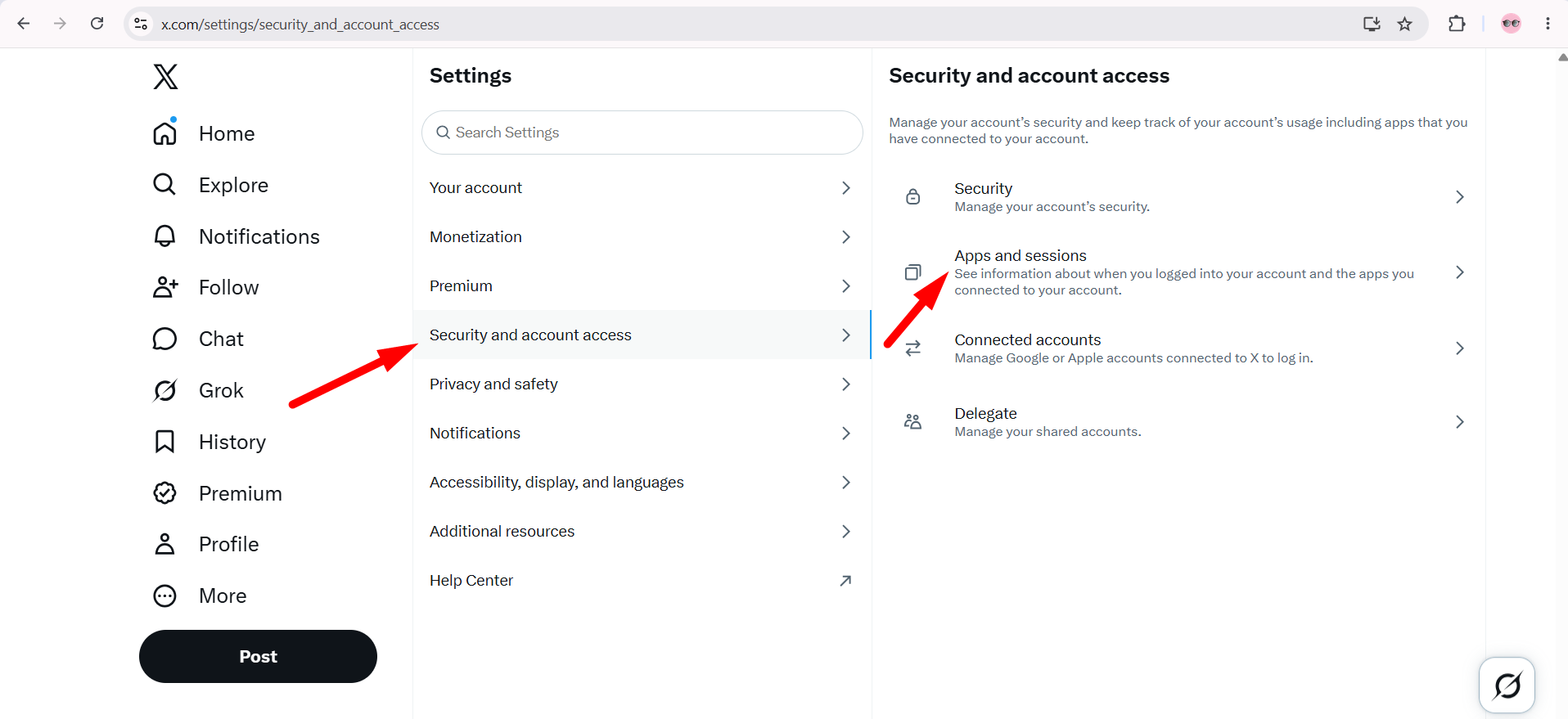 X.com Settings selecting Security and account access then Apps and sessions