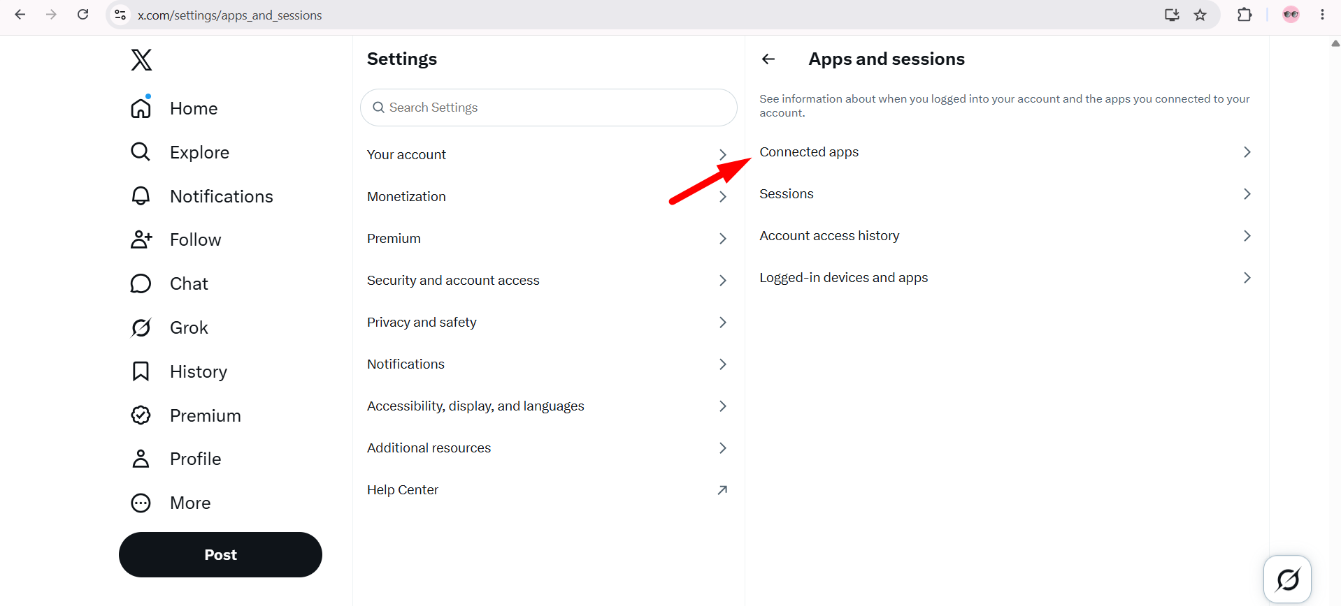 Apps and sessions menu selecting Connected apps