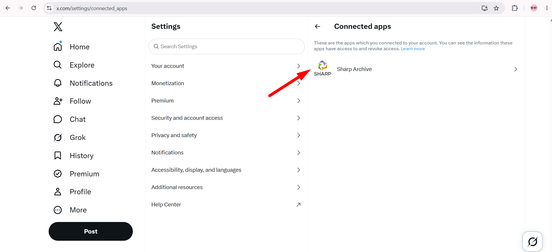 Connected apps list selecting Sharp Archive