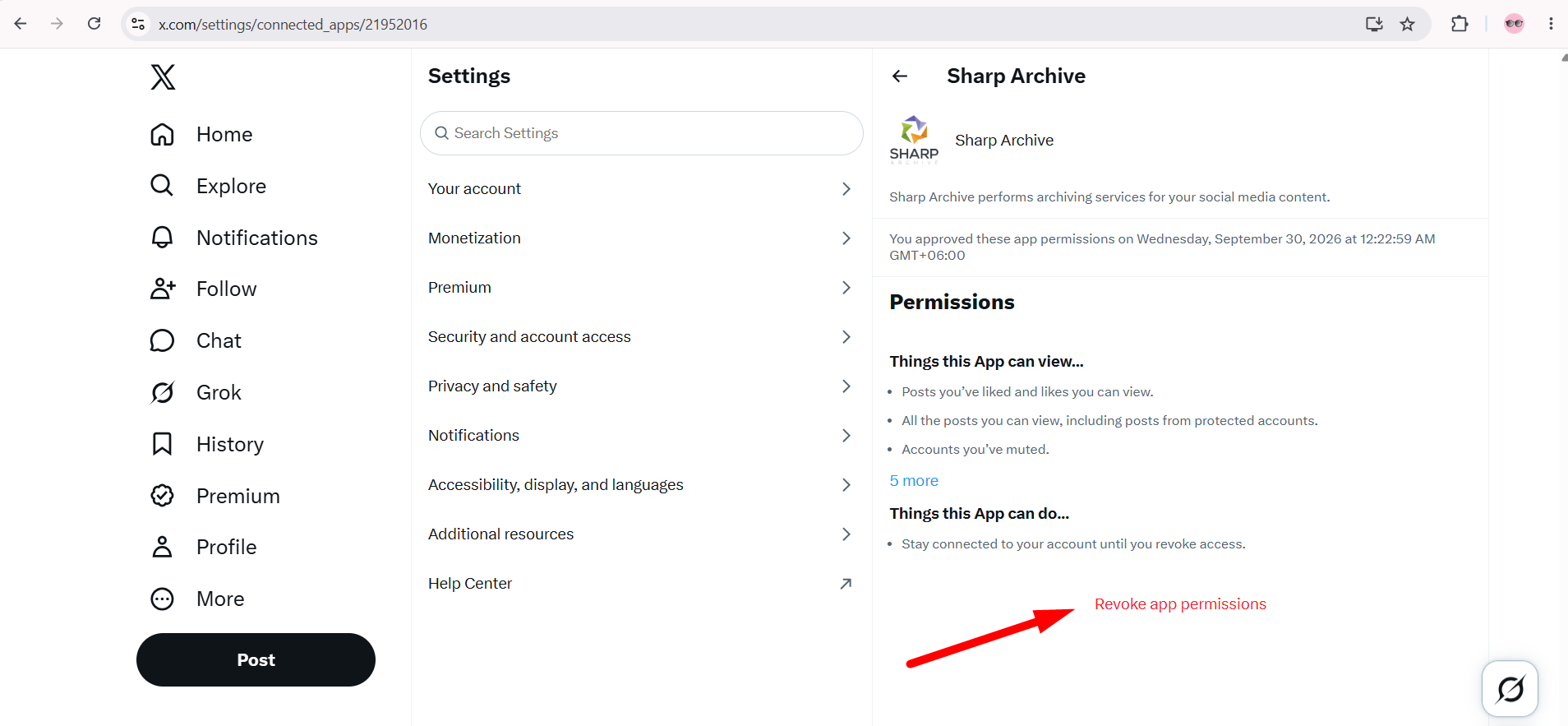 Sharp Archive app permissions page clicking Revoke app permissions
